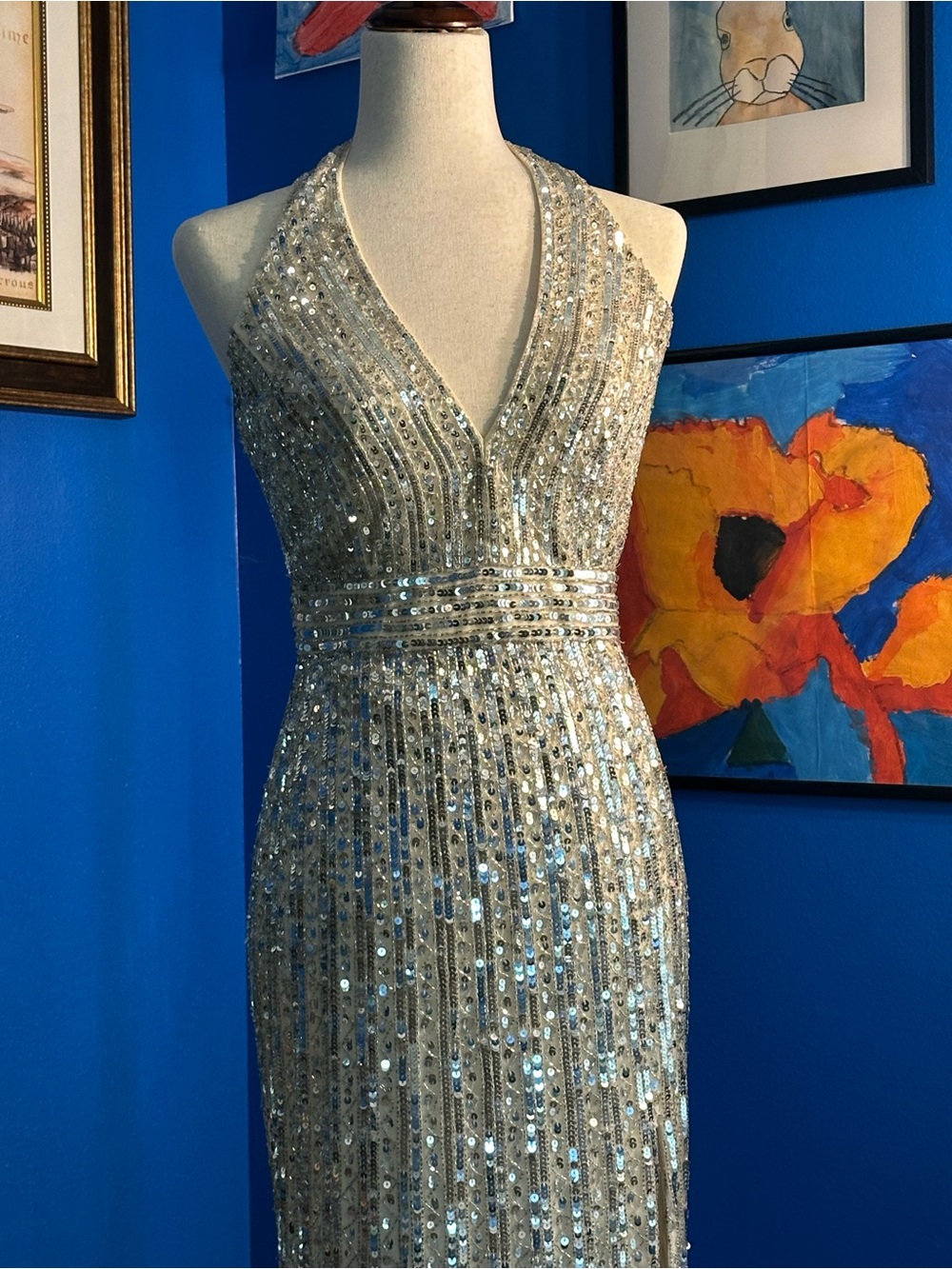 Mac Duggal 5759 Silver Nude Beaded Sequin Evening Gown Size 4 NWT Formal Dress - Picture 2 of 7